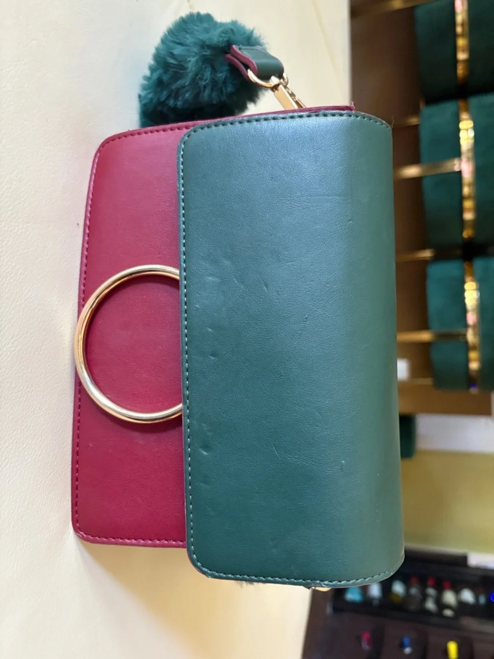 Two-Tone Green and Burgundy Faux Fur Accent Crossbody Bag - Picture 5 of 5